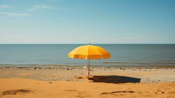 minimalista sparo, singolo giallo ombrello su un' abbandonato spiaggia. generativo ai foto