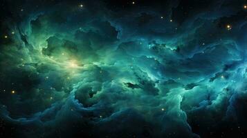 vorticoso galassia di radiante verdura e blues, astratto cosmico sfondo. generativo ai foto