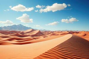 increspatura sabbia dune nel un' largo deserto paesaggio sotto un' chiaro blu cielo. generativo ai foto