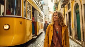 giovane bellissimo donna in posa Il prossimo per il tram su il strade di Europa foto