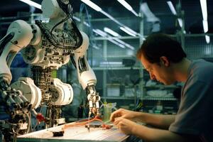 nel un' vivace robotica laboratorio, un' squadra di ingegneri è meticolosamente assemblaggio un' umanoide robot. generativo ai foto