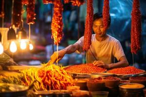 su un' vivace strada mercato nel sud-est Asia, un' venditore è preparazione tradizionale strada cibo sotto il caldo splendore di sospeso lanterne. generativo ai foto