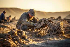 a un' a distanza archeologico scavare, un' scienziato scopre il fossilizzato resti di un' preistorico creatura. generativo ai foto