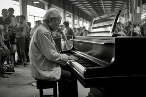 a un' vivace treno stazione, un' uomo giochi un vecchio pianoforte. generativo ai foto