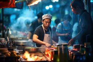 su un' vivace strada mercato nel sud-est Asia, un' venditore è preparazione tradizionale strada cibo sotto il caldo splendore di sospeso lanterne. generativo ai foto