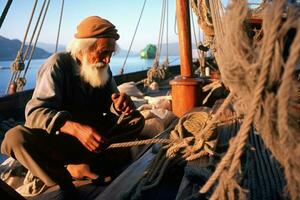 un vecchio pescatore riparazione il suo netto su il di legno ponte di un' rustico barca. generativo ai foto