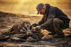 a un' a distanza archeologico scavare, un' scienziato scopre il fossilizzato resti di un' preistorico creatura. generativo ai foto