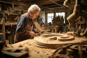 nel un' vivace officina, un' artigiano meticolosamente forme un' pezzo di Di legno. generativo ai foto