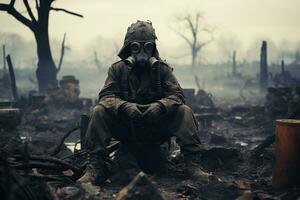 un' soldato guarda a un' bombardato campo di battaglia. nucleare guerra. generativo ai foto