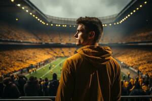 un' calcio fan pubblico in piedi nel un' confezionato stadio. generativo ai foto