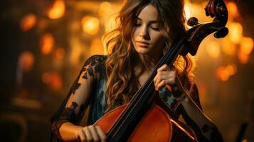 bellissimo donna nel nero vestito giocando violoncello. foto