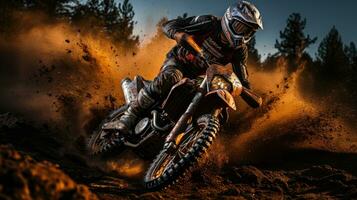 motocross ciclista crea un' lotto di polvere e sporco foto