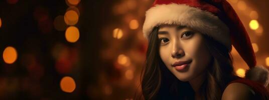 asiatico bellissimo donna indossare Santa cappello. foto
