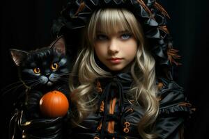 sorridente ragazza nel costume con sua gatto per Halloween. generativo ai foto