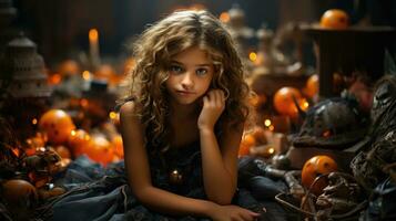 Fata in mezzo zucche - ragazza nel Fata costume ispezionando jack-o-lantern. generativo ai foto