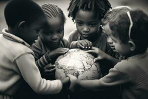 un' dinamico e atmosferico ambientazione con un' gruppo di bambini rannicchiato in giro un' globo. generativo ai foto