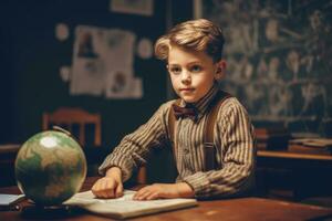 un' carino foto di un' giovane ragazzo seduta nel davanti di il lavagna e scrittura nel un' taccuino. generativo ai