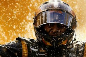 un entusiasta gara auto autista celebra il suo vincere con un' splendida spray di Champagne. generativo ai foto