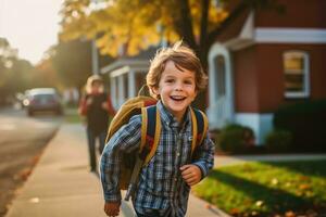 un' giovane ragazzi primo giorno a scuola. generativo ai foto