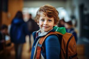 un' giovane ragazzi primo giorno a scuola. generativo ai foto