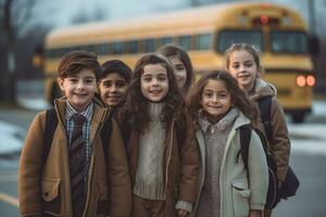 un' gruppo di bambini in attesa a un' scuola autobus fermare. generativo ai foto