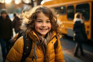 il esatto momento un' giovane ragazza tavole sua scuola autobus per il primo volta. generativo ai foto