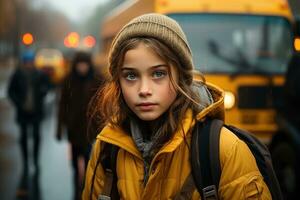 il esatto momento un' giovane ragazza tavole sua scuola autobus per il primo volta. generativo ai foto