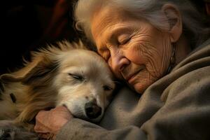 un anziano donna teneramente Tenere un' addormentato cucciolo. generativo ai foto