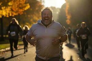 il primo passo - un' motivazionale Immagine di un obeso individuale di partenza loro fitness viaggio. generativo ai foto