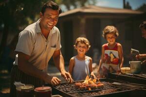 lavoro duro e faticoso giorno divertimento - famiglia godendo un' Giardino dietro la casa barbecue. generativo ai foto