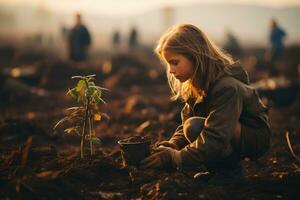 nuovo vita - giovane ragazza piantare albero. generativo ai foto