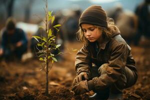 nuovo vita - giovane ragazza piantare albero. generativo ai foto