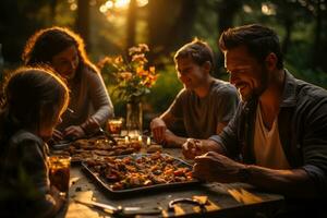 famiglia tempo - lavoro duro e faticoso giorno picnic celebrazione. generativo ai foto