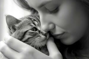vicino - su vetrine un' donna di mano delicatamente petting sua gatto morbido pelliccia. generativo ai foto