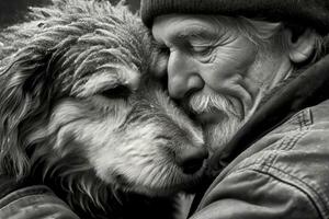 il condivisa momento fra un' uomo e il suo cane, loro nasi toccante ogni Altro. generativo ai foto