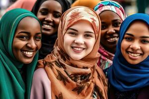 un' vicino Visualizza di il sorrisi a partire dal un' gruppo di le persone, ogni a partire dal un' diverso sfondo, Compreso africano americano, caucasico, e individui con colorato capelli e hijab. generativo ai foto