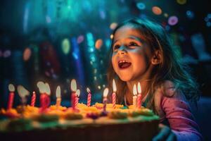 un' vivace e gioioso vicino - su tiro di un' bambino soffiaggio su il candele su un' compleanno torta. generativo ai foto