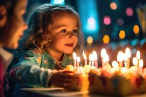 un' vivace e gioioso vicino - su tiro di un' bambino soffiaggio su il candele su un' compleanno torta. generativo ai foto