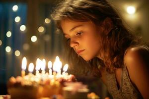 un' profilo Visualizza di un' adolescenziale ragazza fabbricazione un' desiderio prima soffiaggio su sua compleanno candele. generativo ai foto