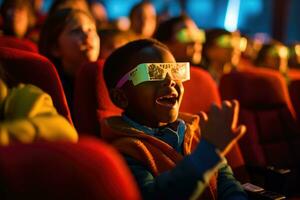 un' contemporaneo scena di bambini nel 3d bicchieri Guardando un avventura film. generativo ai foto