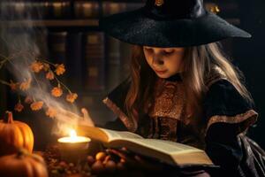 un' bambino nel un' strega costume apertura un' Magia libro. generativo ai foto