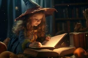 un' bambino nel un' strega costume apertura un' Magia libro. generativo ai foto