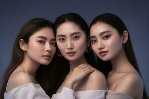 un' ritratto di un' gruppo di asiatico donne con pulire, fresco pelle, ogni Tenere un' cosmetico Prodotto. generativo ai foto