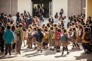 un ambientale tiro cattura il vivace energia di un' cortile della scuola. studenti di variando età gamme, animatamente mescolanza prima scuola inizia. generativo ai foto