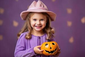 un' vicino - su fotografia di un' dolce e adorabile poco ragazza con un' splendente Sorridi, vestito nel un' Halloween costume. generativo ai foto