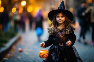 un' vicino - su fotografia di un' poco ragazza, ornato nel un' affascinante strega costume, passeggiando lungo il strada con un' delizioso zucca - sagomato caramella. generativo ai foto