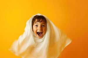 un' vicino - su fotografia con un' delizioso bambino vestito come un' fantasma, trasudante puro gioia e felicità su Halloween. generativo ai foto