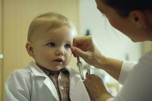 un' vicino - su Visualizza di un' femmina medico accuratamente l'esame un' bambino nel un' clinica. generativo ai foto