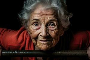 vicino - su fotografia. un vecchio anziano donna come lei impegna nel un' sport esercizio routine. generativo ai foto