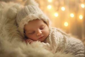 un' fotografia mostrando il innocenza e purezza di un' neonato bambino nel un' comodo, onirico ambientazione. generativo ai foto